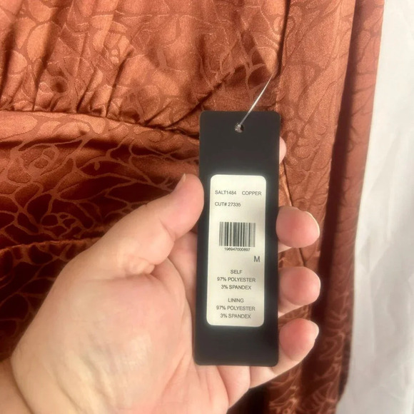 NEW Bebe Satin Button Up Jacquard Mini Dress Women Medium Copper Rust‎ Orange - Picture 10 of 10